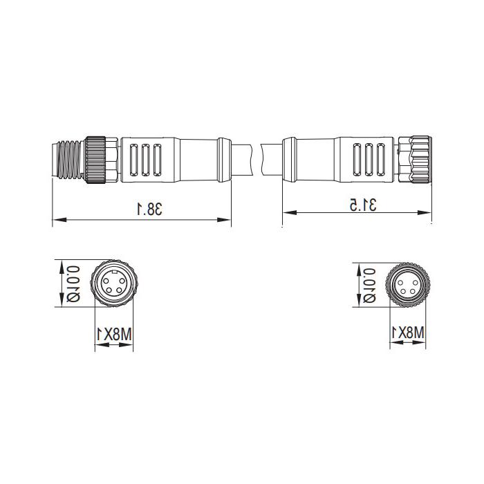 M8 4Pin, female straight turn male straight, double end precast PVC non-flexible cable, grey sheathing, 63D123-XXX