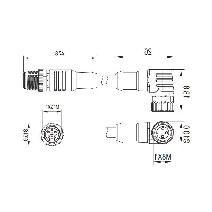 M8 to M12 3Pin, M8 female 90° to M12 male straight, double-ended pre-cast PVC non-flexible cable, gray sheath, 63D223-XXX 