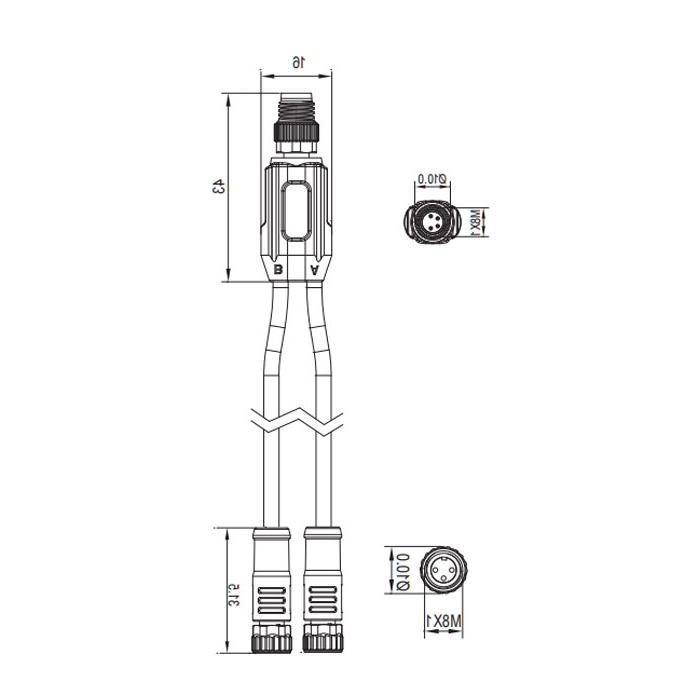 M8 4Pin公/2M8 3Pin母，y型插头，预铸PUR拖链电缆，黑色护套，63D321-XXX