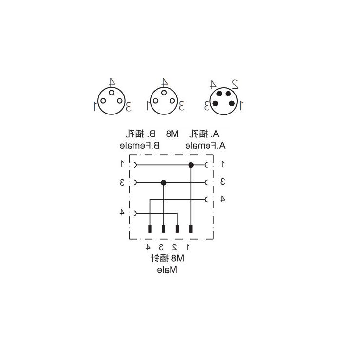 M8 4Pin公/2M8 3Pin母，y型插头，预铸PUR拖链电缆，黑色护套，63D321-XXX