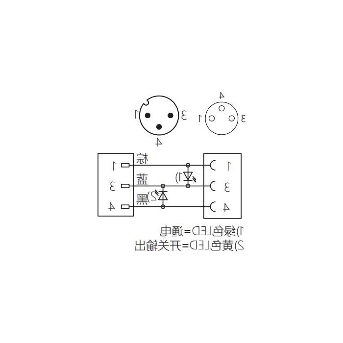 M8 to M12 3Pin, M8 female head 90° with LED light to M12 male head straight, double-ended pre-cast PVC non-flexible cable, gray sheathing, 63D243-XXX