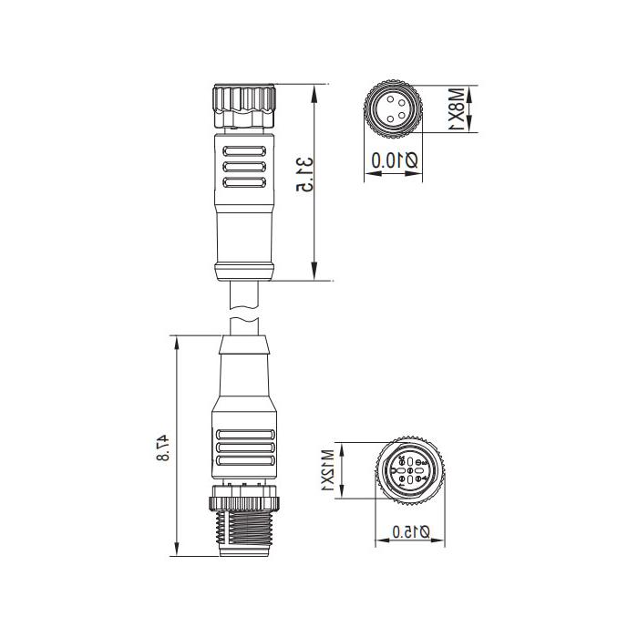 M8 4Pin female head straight to M12 4Pin male head straight, double-ended pre-set铸防焊渣PUR柔性电缆、橙色护套、63T261-XXX