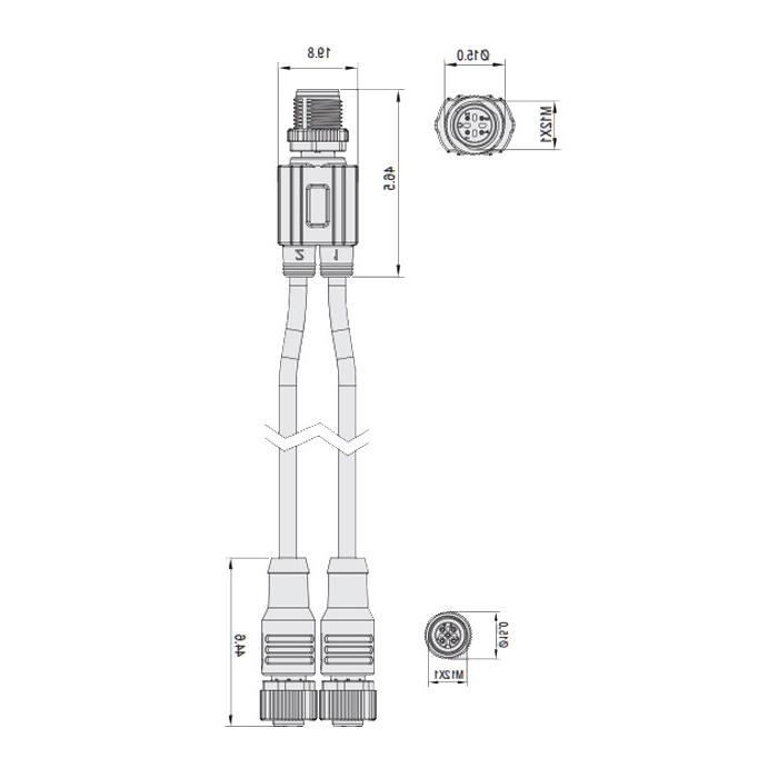 M12 4Pin male /2M12 3Pin female Straight, IP 69K-ECOLAB, food grade, Y-shape pre-cast PVC non-flexible cable, gray sheathing, 64E403-XXX