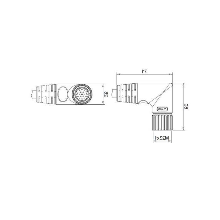 M23 19Pin, female 90°, single-end precast PUR flexible cable, black护套、68LB41-XXX